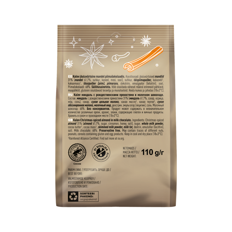 Kalev jõuluvürtsine mandel piimašokolaadis 110g - Image 2