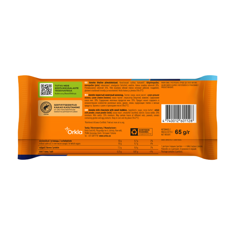 Kalev Anneke milk chocolate with small bubbles 65g - Image 44