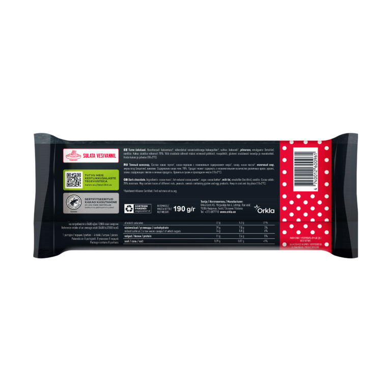 Kalev Vilma dark baking chocolate 70% 190g - Image 2