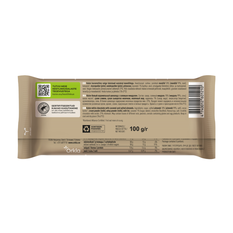 Kalev karamellimaitseline valge šokolaad soolatud mandlitega 100g - Image 2