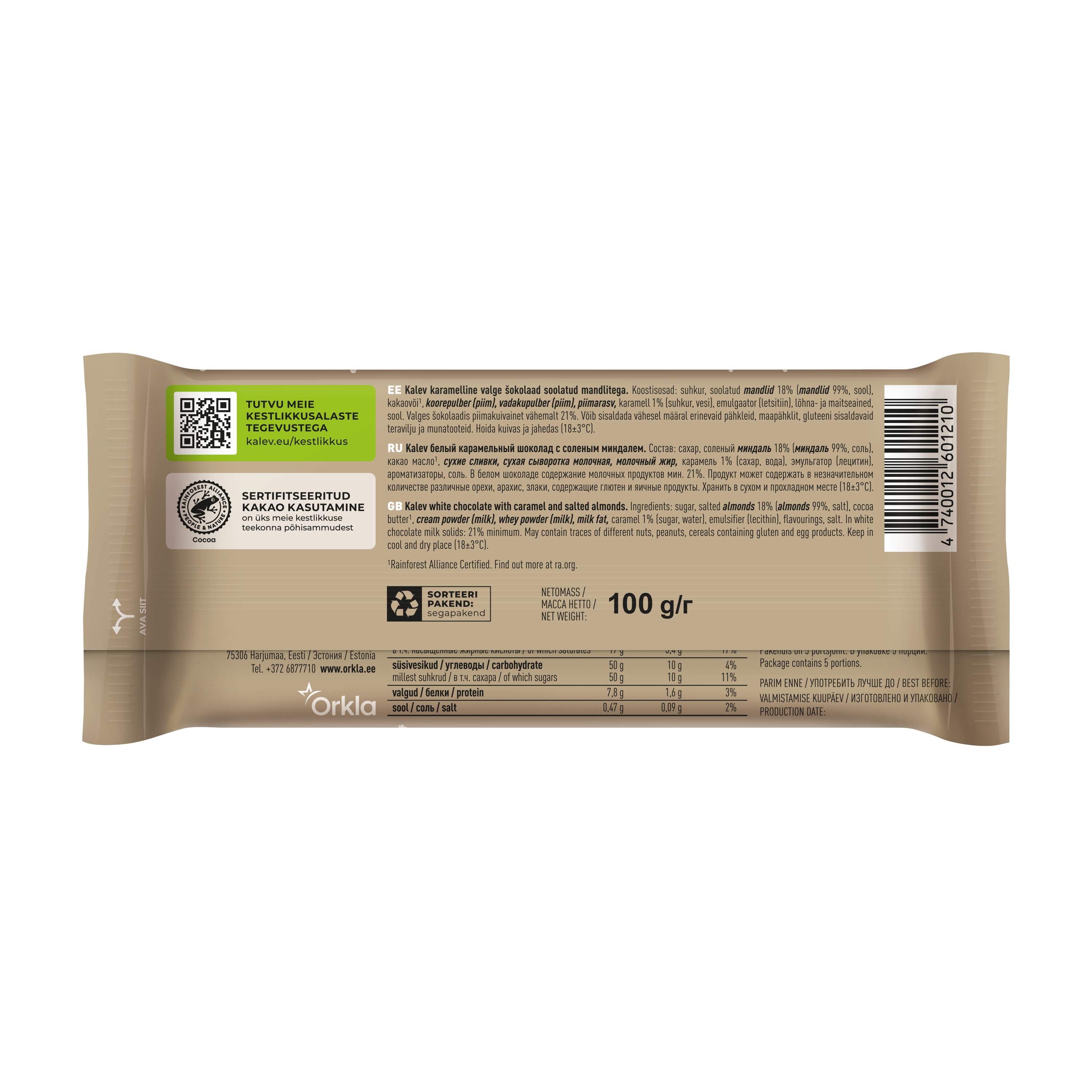 Kalev karamellimaitseline valge šokolaad soolatud mandlitega 100g - Image 2