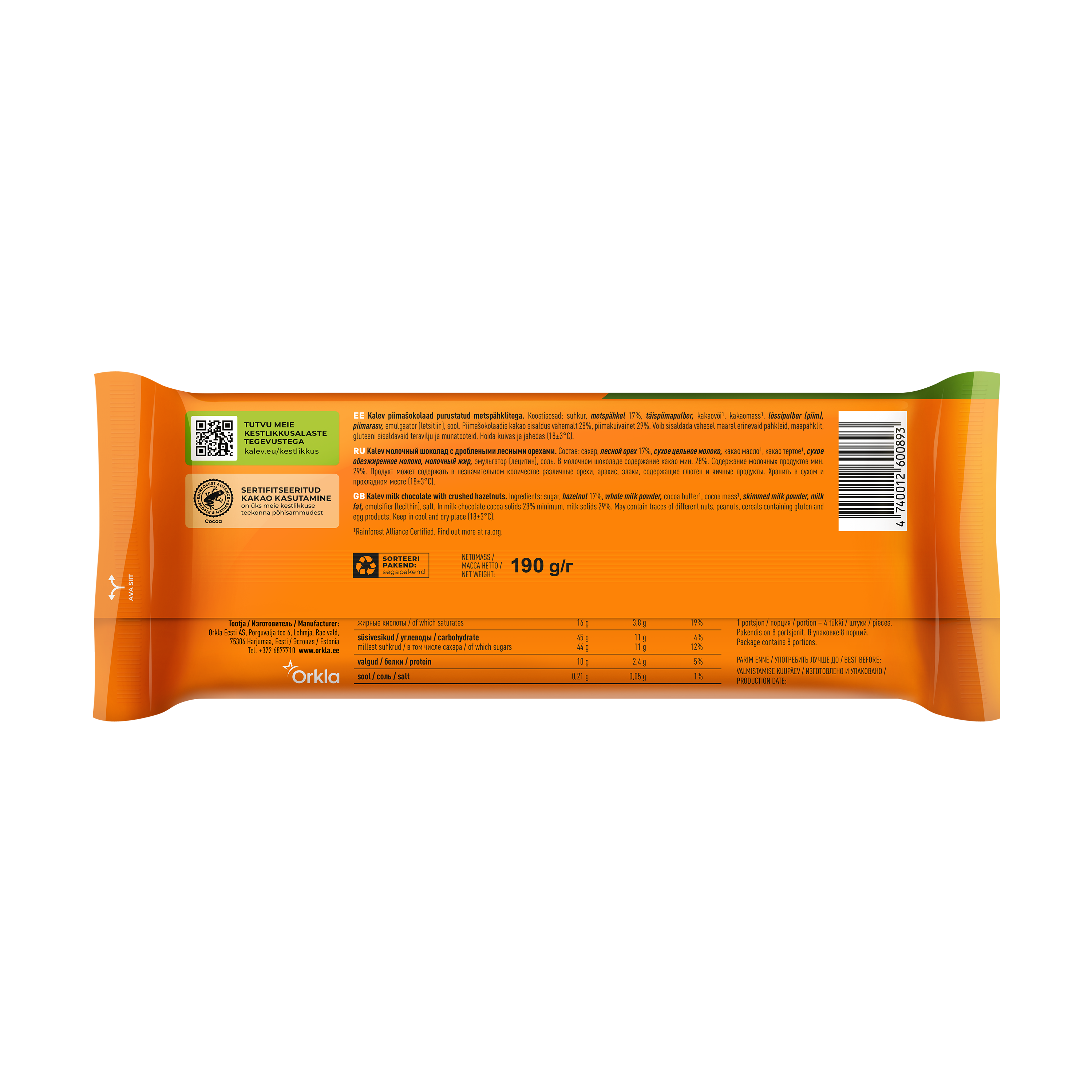 Kalev piimašokolaad purustatud metspähklitega 190g - Image 2